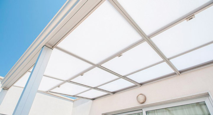 pergola veranda in alluminio con tetto mobile in vetro, policarbonato o cieco