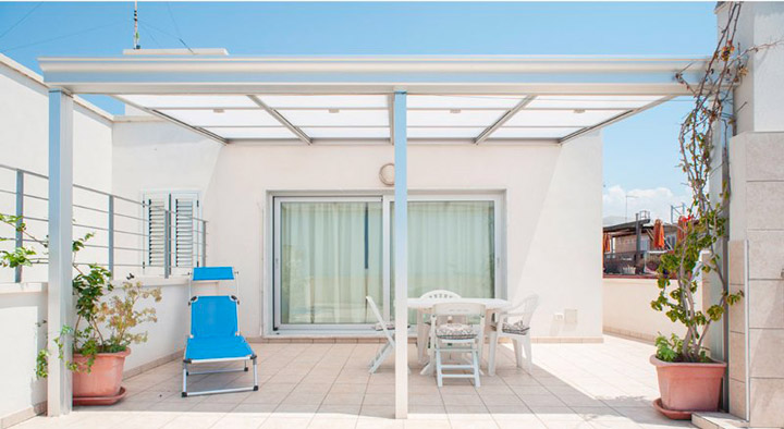pergola veranda in alluminio con tetto mobile in vetro, policarbonato o cieco