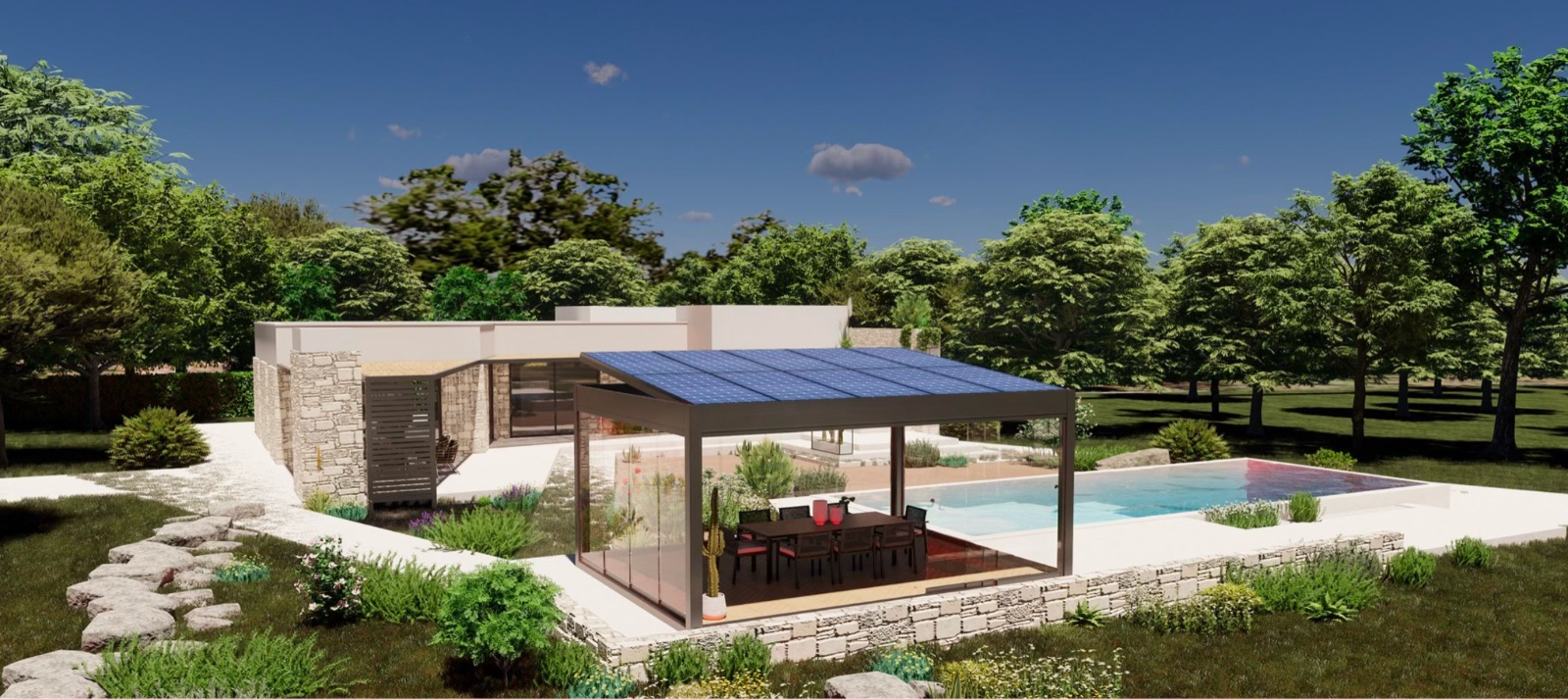 Pergola con pannelli solari integrati in alluminio